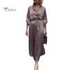 Women Dress Lapel V-Neck Long Sleeve Lace-up High Waist Long Dress Solid Color Pleated Hem Shirt Dress