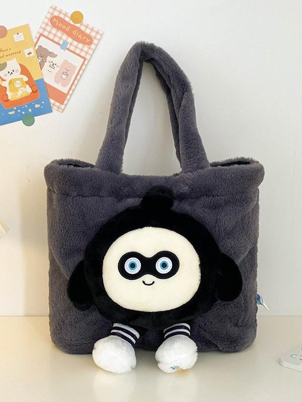 Kuromi Large Tote Bag With Plush Embroidery For Daily Casual Use