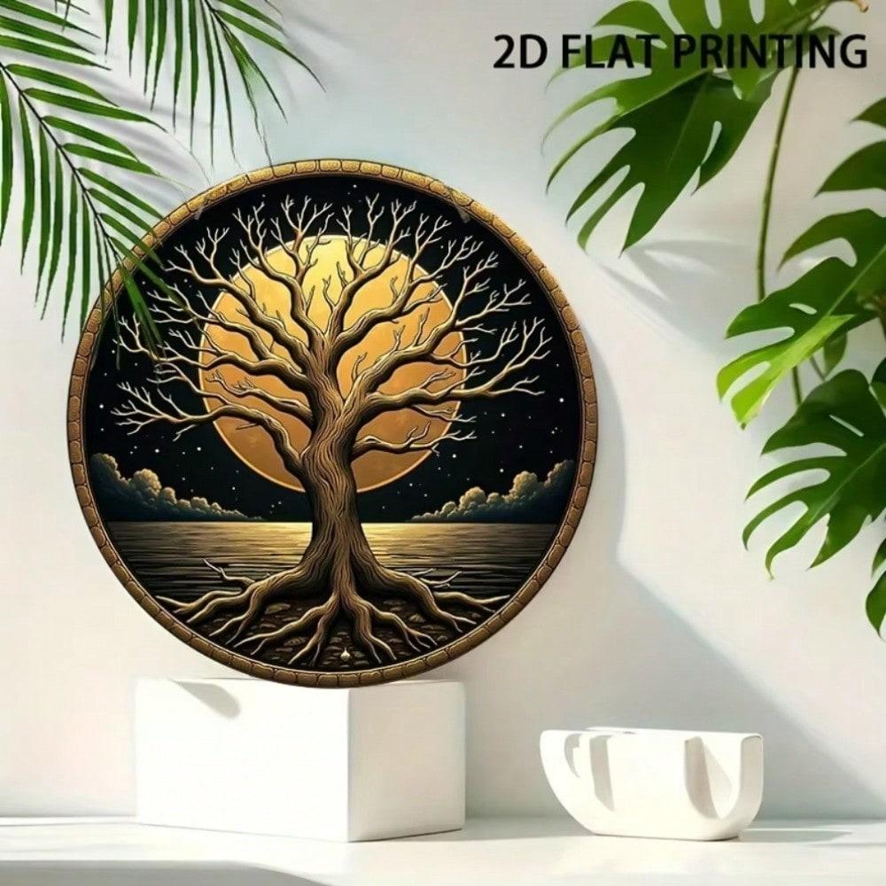 Bohemian Moon Tree Round Metal Wall Art, Handmade Tin Sign with Stars, Aesthetic Home Decor for Living Room Bedroom