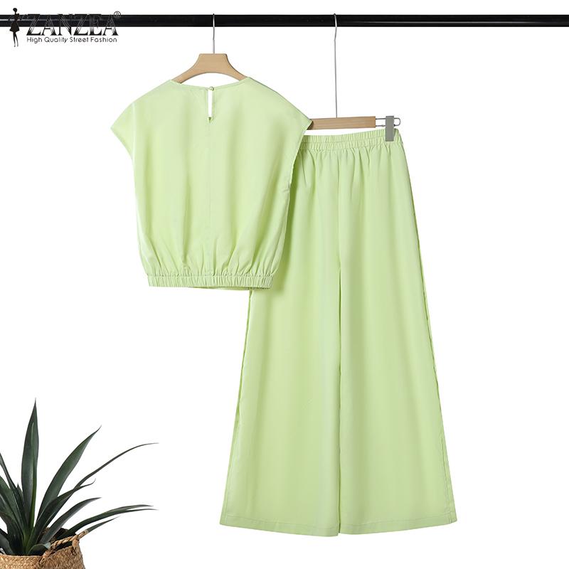 ZANZEA Women Short Sleeve Blouse and Pants Casual Two Piece Suit Sets