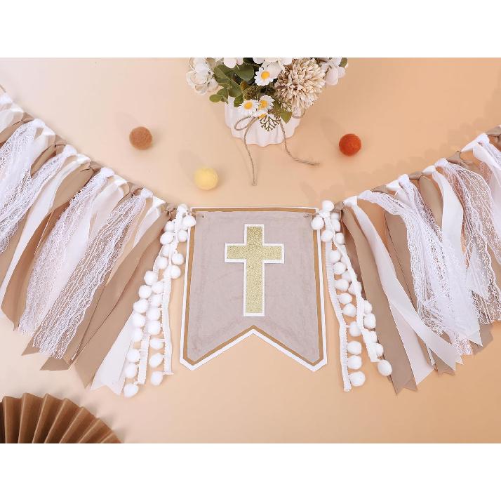 God Bless Cross High Chair Banner,Baptism Party Decorations,First Holy Communion Ribbon Banner,Boys Girls Baptism Party Highchair Banner,Garland