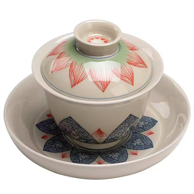 Lotus Sancai Gaiwan Blue And White Teacup Large Ceramic Kung Fu Tea Set Retro High-End Single Tea Bowl