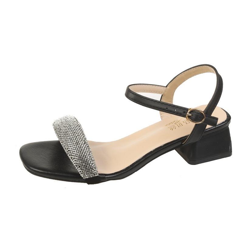 Fairy Feng Shui Diamond Coarse Heel Sandals Women's Summer 2025 New Versatile One-word Belt Temperament Medium Heel French Women's Sandals