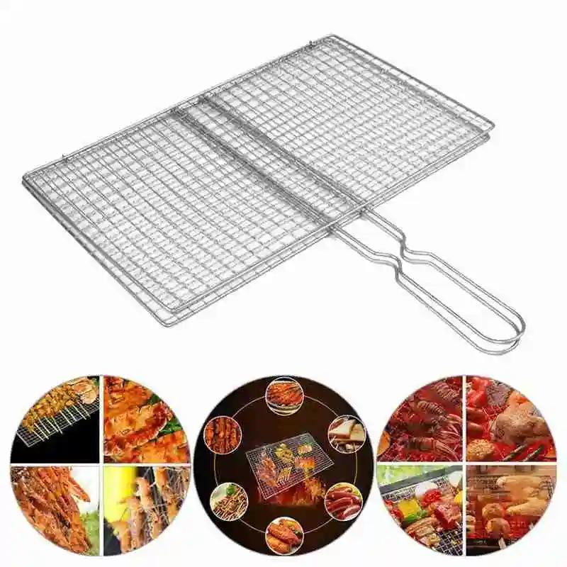 Outdoor BBQ Accessories, Steel Grill Net for Meat, Bacon, Fish, Non - Stick Grilling Basket with Metal Handle