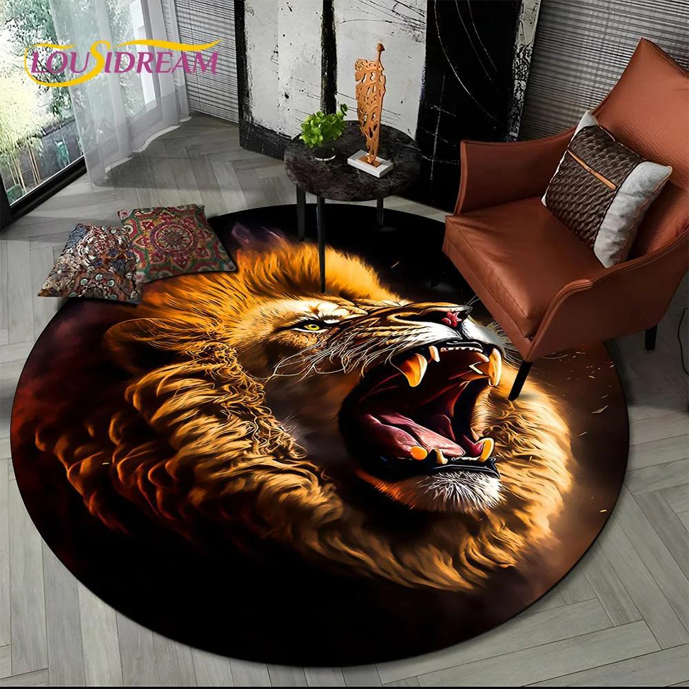 Animal Wildlife Cartoon Beast Tiger Lion Leopard Round Carpet Rug for Living Room Bedroom Child Decor,Pet Area Rug Non-slip Mat