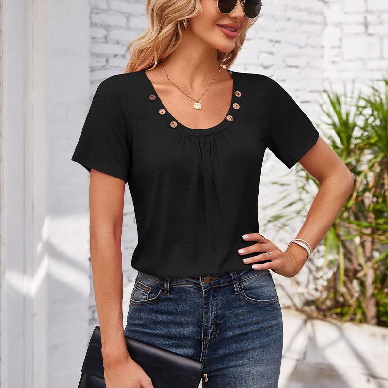 Women's Square-neck Top Pleated Solid Color Loose Button T-shirt