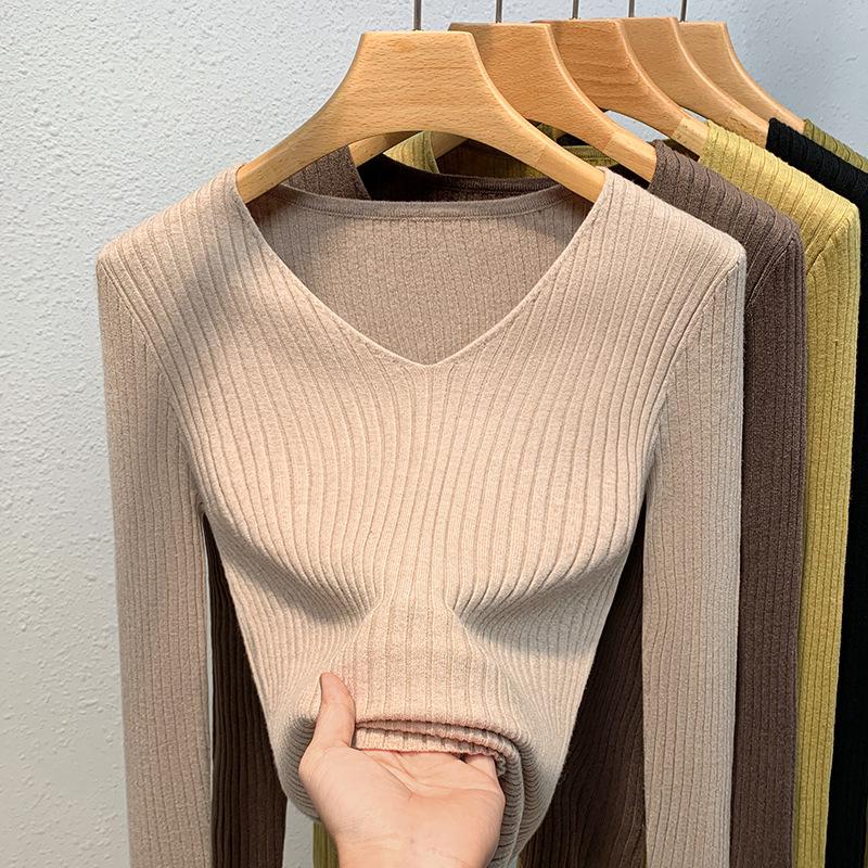 Bottom Shirt Women's New Women's Clothing Temperament V-neck Solid Color Pullover Sweater Thin Inner Waist Top