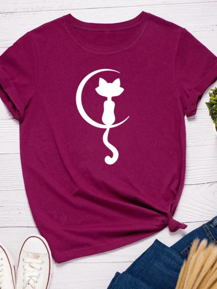Cat Sit On Moon Print Women T Shirt Short Sleeve O Neck Loose Women Tshirt Ladies Tee Shirt Tops Clothes Camisetas Mujer