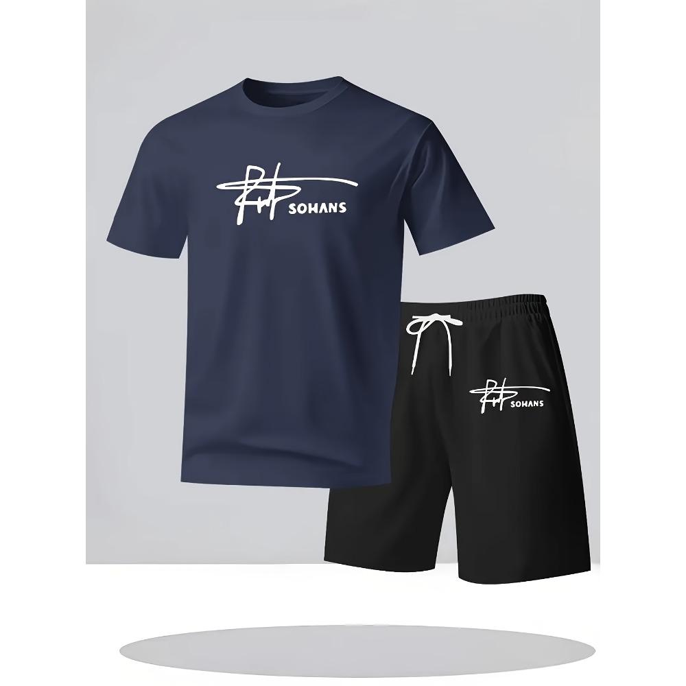 

Мужской повседневный комплект из двух частей с летним узором цифровой печати, футболка с коротким рукавом и круглым вырезом и шорты на кулиске XL темно-синий