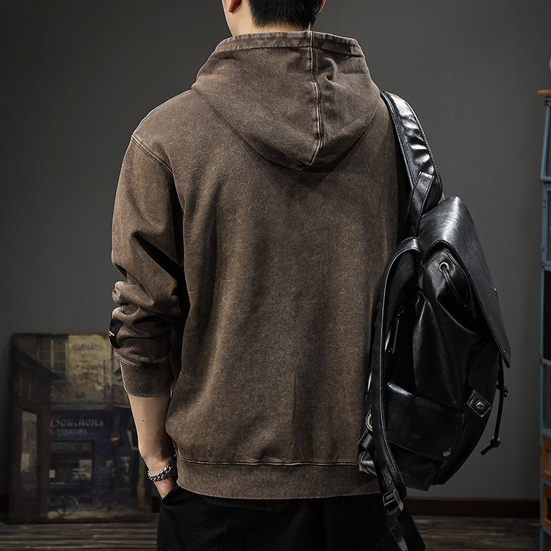 Autumn Retro Washed Patch Hooded Men'S Sweater Heavy Loose Top American Trendy Casual Jacket