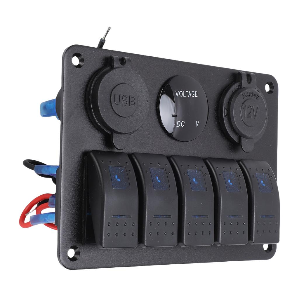 5 Gang Rocker Switch Aluminum Panel with Blue Backlight Dual USB Ports Volt Meter Waterproofing On Off Toggle Switch