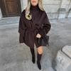 Women Belted Wrap Wool Blend Coat, Lapel Collar Mid-Length Oversized Casual Solid Outerwear Elegant Autumn Winter Coat