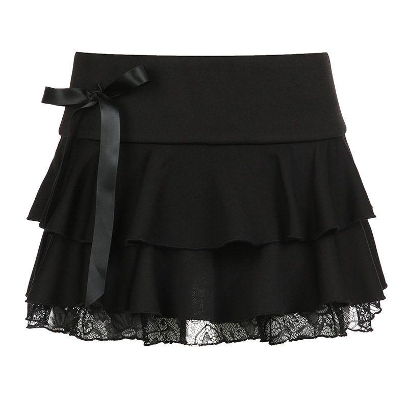 

2025 Dark Gothic Pure Desire Hot Girl Lace Patchwork Bowknot Skirt Low Waist Sexy Ballet A-Line Layered Short Skirt Black S