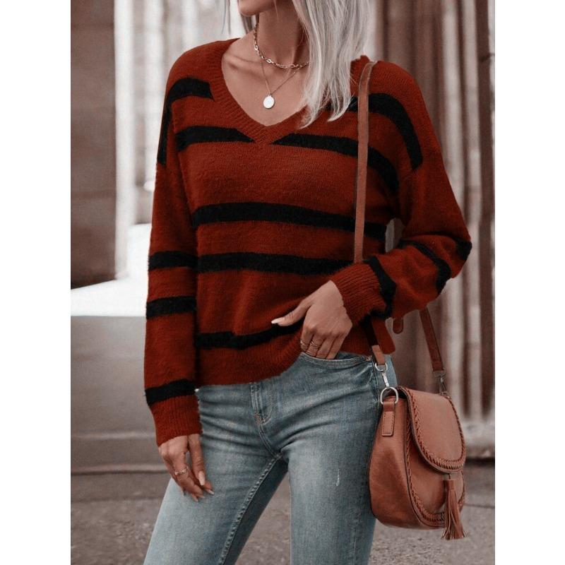 Vintage Gestreifter Farbkontrast Pullover Damen Übergröße Gestreift Locker Lässiger Stil V-Ausschnitt Pullover Strickpullover