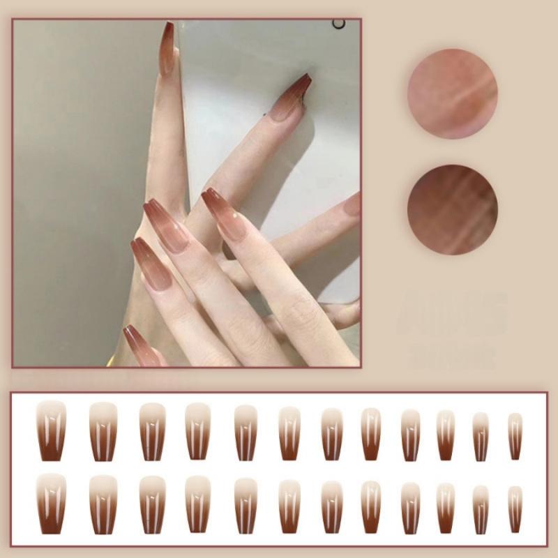 24pcs/packBrown Gradient Wearable Nails Hot Girl Style Khaki Coffee Color Press-On Nails Medium Length Reusable Wearable Nails
