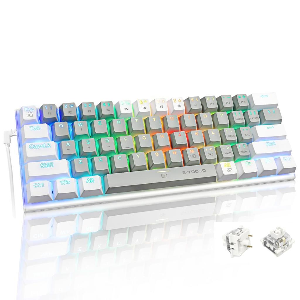 Gaming Keyboard with White Tenkeyless US English Wired 61 Mechanical Key RGB LED Compact Compatible with Keyboard White e-Element Switches, Layout,