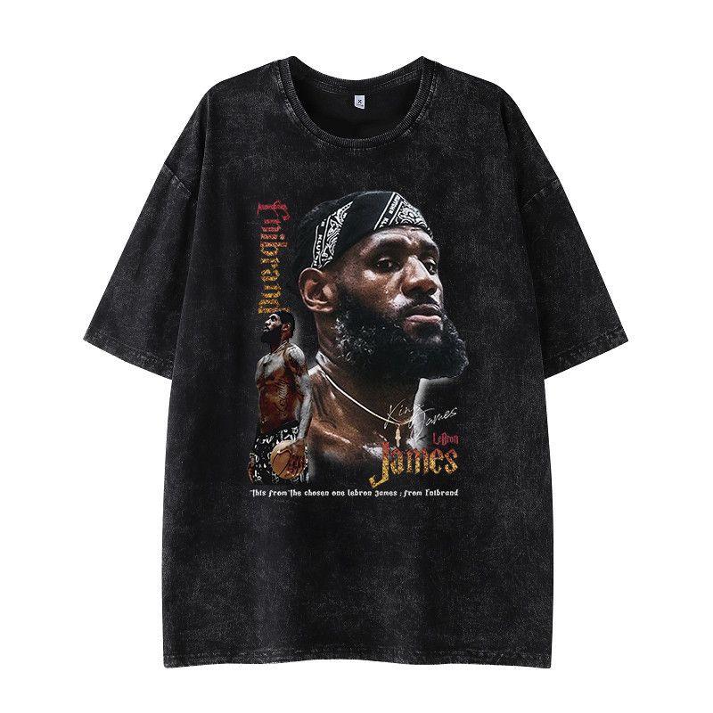 Amerikanisches Basketball Retro Ödland Feng Shui Washed T-Shirt Sternenprint Herren und Damen Mode Lässig Sport Gestapelte Oberteile Ins Trend