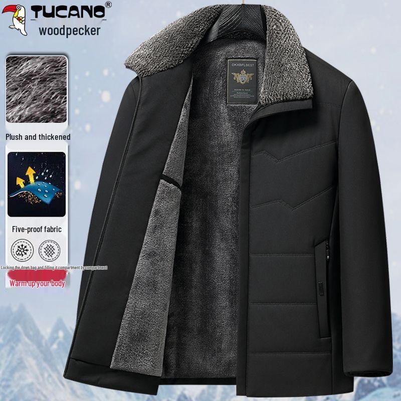 Woodpecker Dad Winter Coat: Velvet-Thickened Down Cotton Jacket for Middle-Aged & Elderly, Lapel Design, Warm Cotton Clothing.