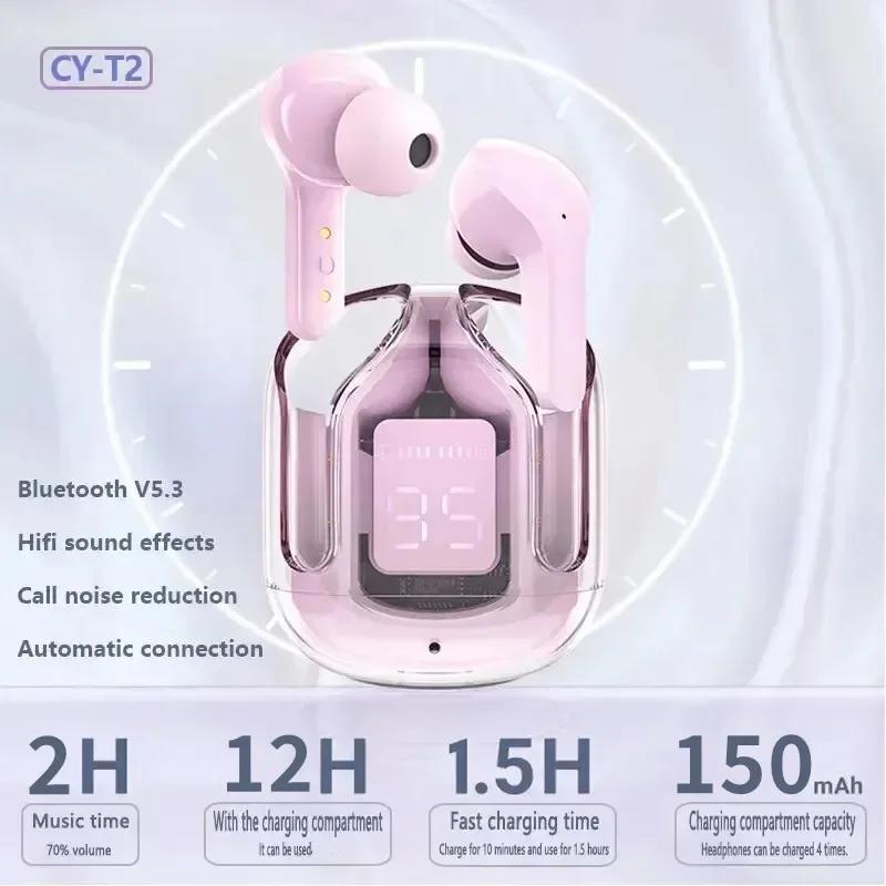 T2 Wireless Bluetooth Earphone Transparent HIFI Headphones LED Power Digital Display Stereo Sound Earphones for