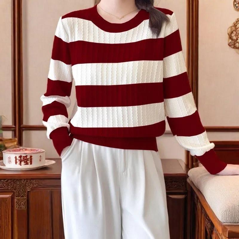 Contrast Color Striped Bottoming Shirt Women Autumn Winter Round Neck Knitted Sweater Pullover Long-sleeved Top