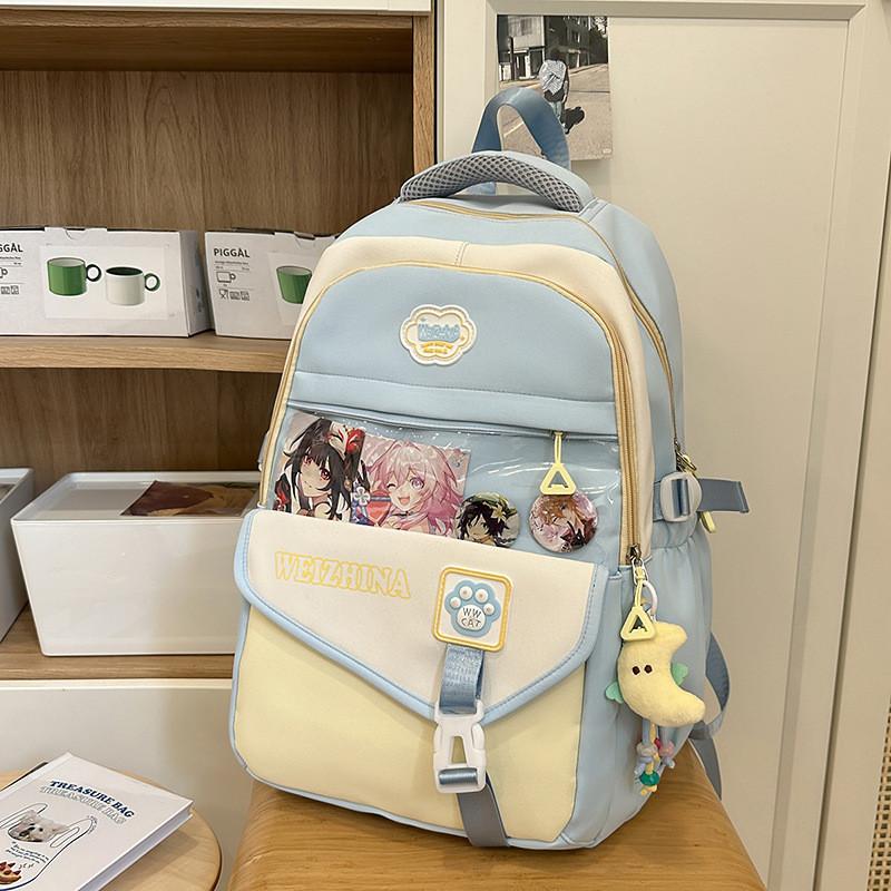 Color Blocked Fashionable Letter Printed Student Backpack With Pendant Daily For