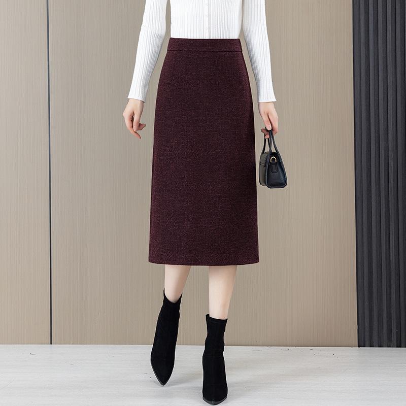 2025 Woolen High Waist A-Line Mid-Length Skirt for Women - Autumn/Winter Hip-Wrap Style