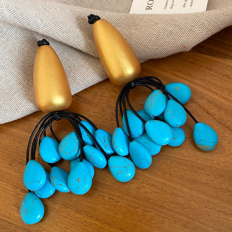 

Silver needle wood stone water drop fringed earrings medieval vintage temperament earrings light luxury high-end earrings women