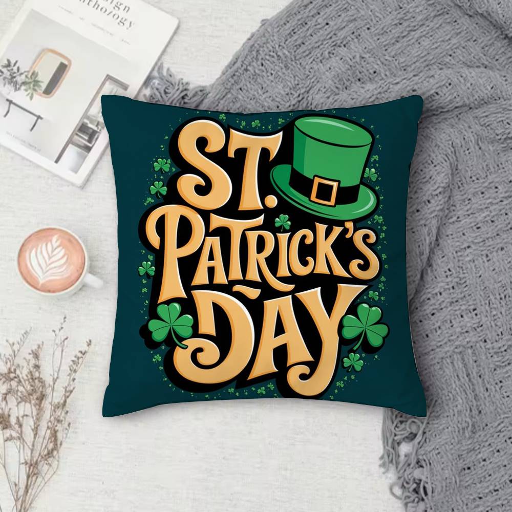 St Patricks Day Outfits Double-Sided Printed Square Pillow Cover Decorative Cushion Cover For Sofa Bedroom Bedside Peach skin 18*18(CM)-1Pcs