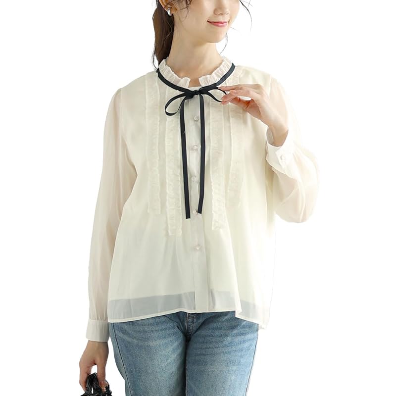 

[Gold Japan] big size ladies tops blouse Sheer ribbon frills long sleeve button commute Elegant winter coordination spring autumn goldy-1608 5L off