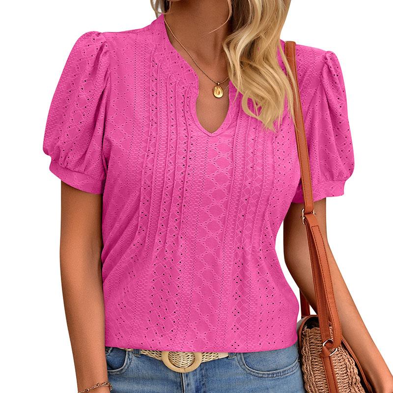 

Женская летняя футболка с коротким рукавом и V-образным вырезом, дышащий однотонный пуловер, топ XXL персидский розовый