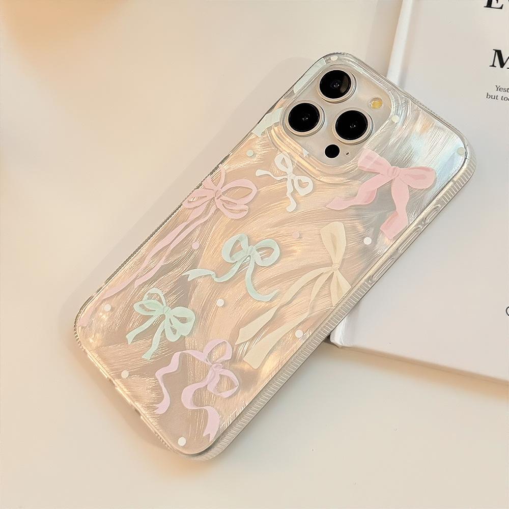 Sweet Girl Ins Bow Apple 15pro Max Mobile Phone Case 14 Suitable for Iphone16 Feather Yarn 1112 Korean