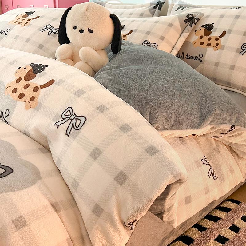Cartoon Thickened Milk Fleece Coral Fleece Bed Four-Piece Set Fleece Flannel Quilt Cover Children'S Bed Single Three-Piece Set