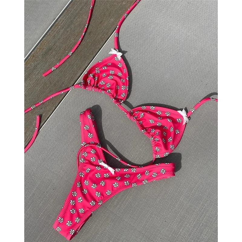 Flowers Printed Halter High Leg Cut Bikini Female Swimsuit Women Swimwear Two-pieces Bikini Set Bather Bathing Suit Swim