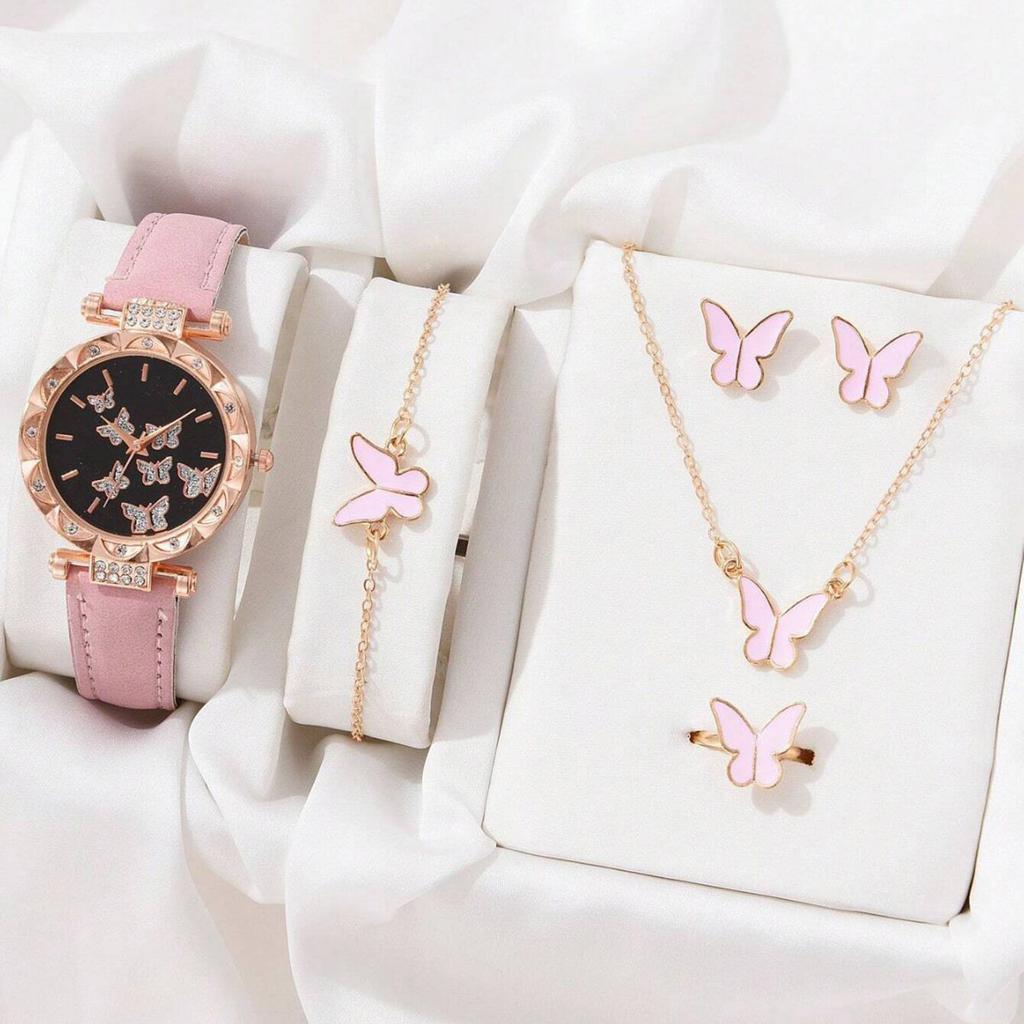 6pcs/set Luxury Watch Women Rings Necklace Earrings Bracelet Set Butterfly Leather Strap Watches Lady Wristwatch No Case
