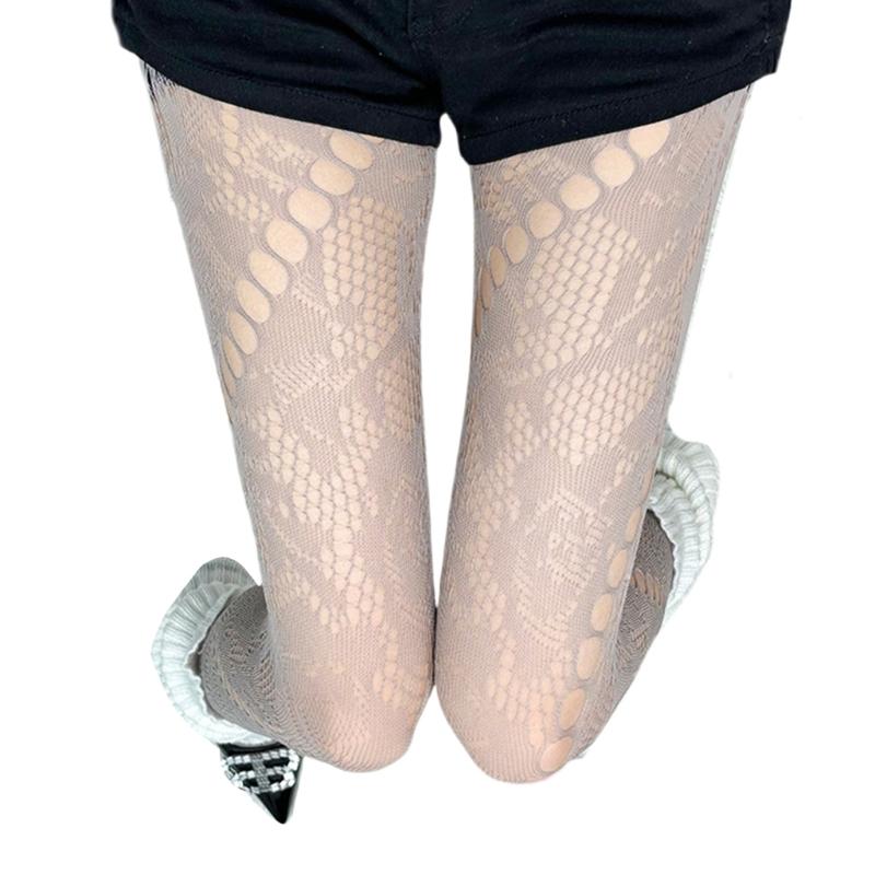 Vintage Twill Dots Patterned Lace Fishnet Tights Stockings for Women Aesthetic Rose Floral Hollowed Pantyhose Leggings серый