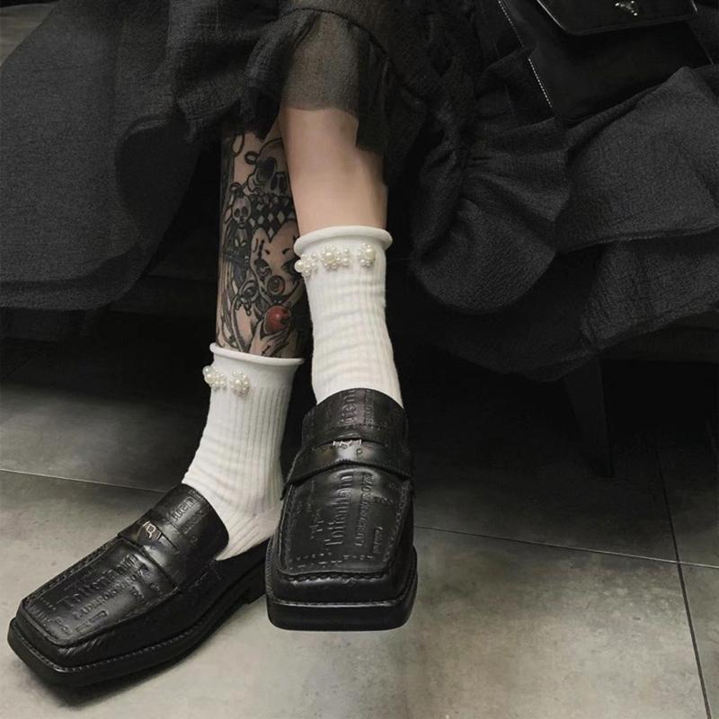 Pearls Crew Socks Sweet Roll Cuffs Ankle Dress Socks Japanese Cute Calf Socks