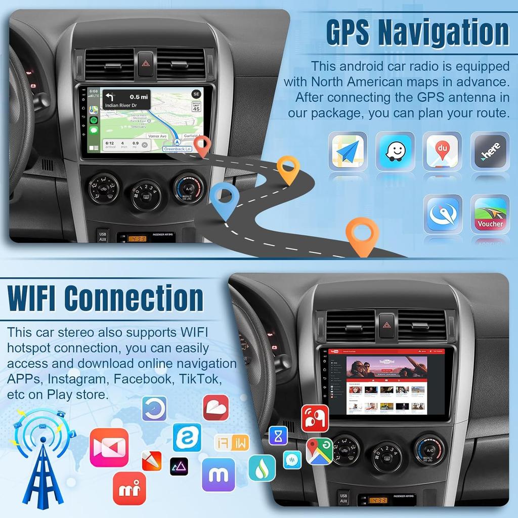 9' Touch Screen Car Stereo for Toyota Corolla 2009-2013 with Android Auto, CarPlay, Bluetooth, GPS, Backup Camera
