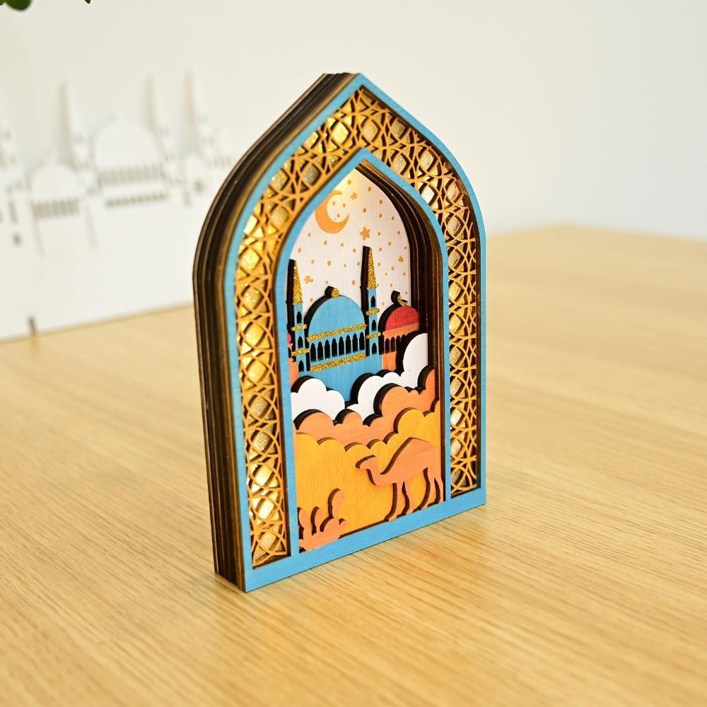 Moon Eid Desktop Ornament Creative Eid Wooden Decoration Night Light Ornament  for Gifts