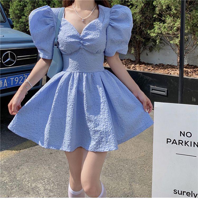 Women's Black Jacquard V-Neck Lantern Sleeve Summer Dress