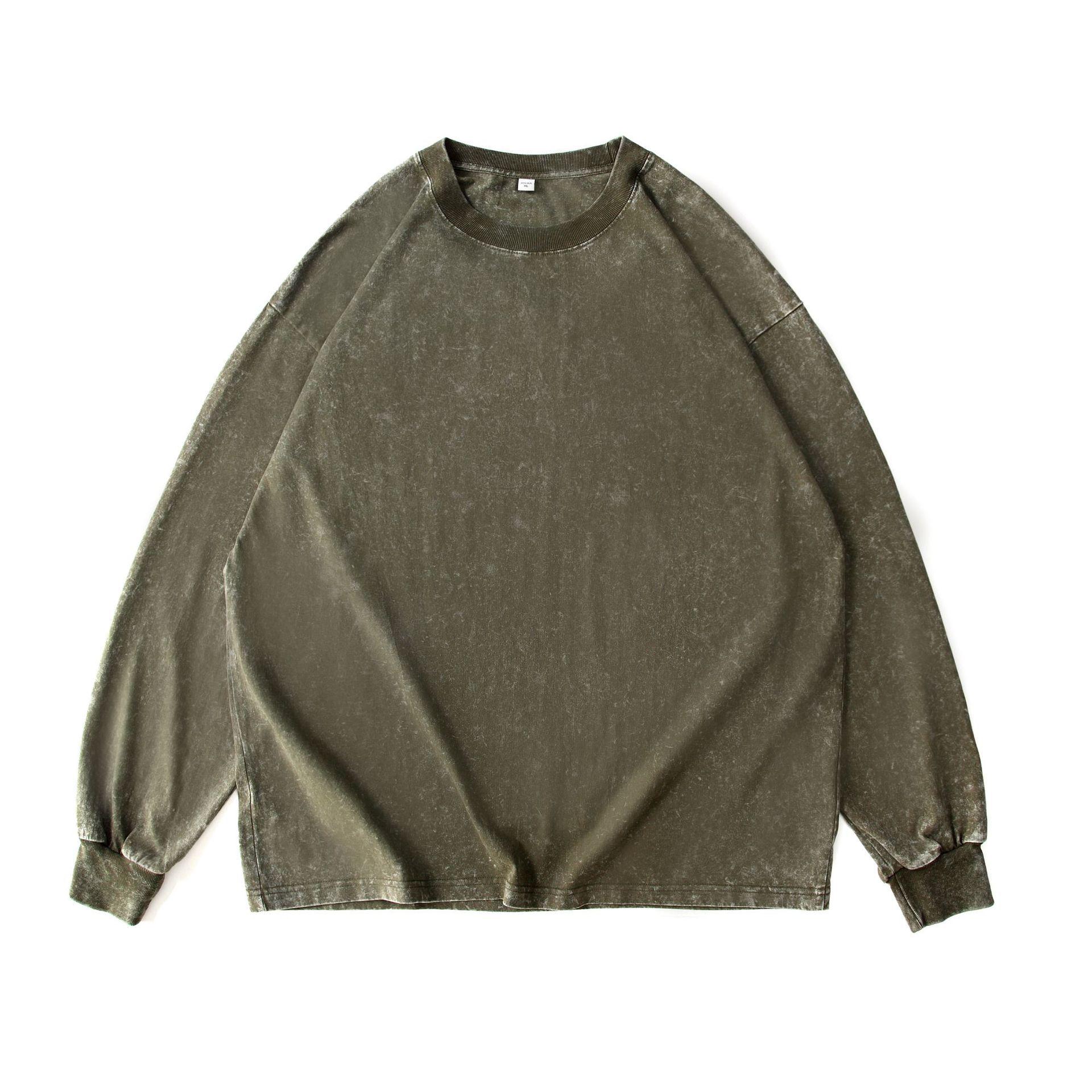 Plus Size Distressed 230g Pure Cotton Long Sleeve T-shirt - Washed Retro Loose Fit XL
