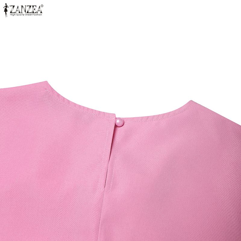 ZANZEA Damen Casual Rundhals Einfarbig Sommer Kurzarmkleid