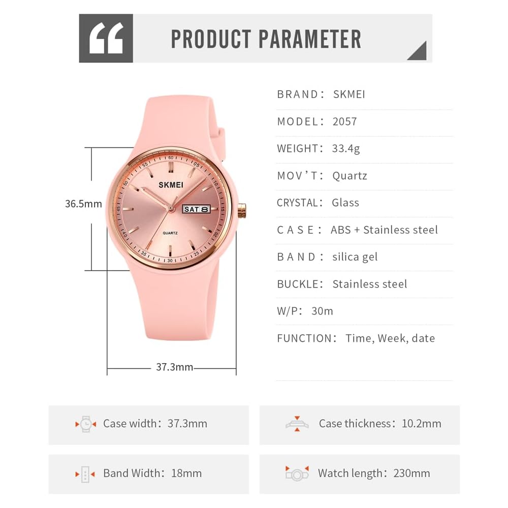 SKMEI Women's Silicone Waterproof Sports Watch Cute Simple Casual Design with Date and Day Display Pink