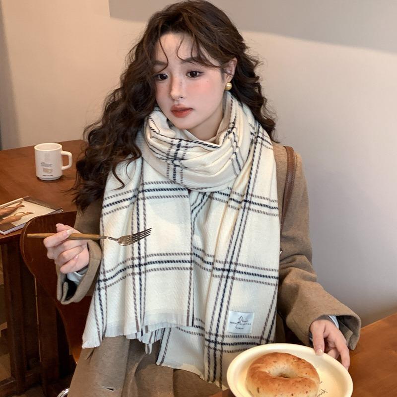 White plaid scarf women's autumn and winter new high-end warm and thickened imitation cashmere shawl dual-purpose scarf