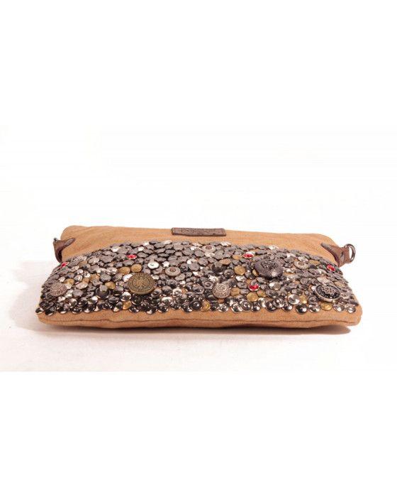 Sac bandoulière - Le Temps des Cerises - Taka 5 - Sable/Cognac - Cuir et toile - 26x2x20 cm