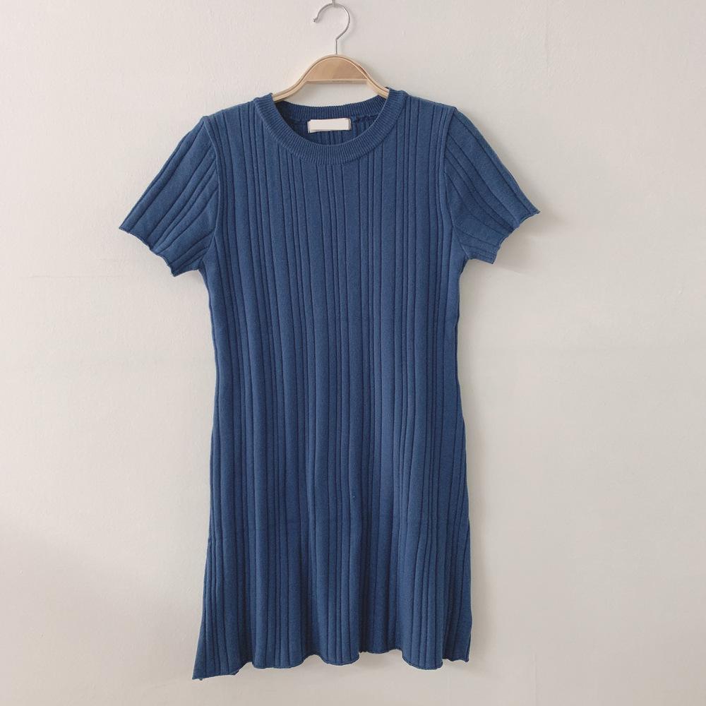 Korean Chic Ribbed Ice Silk Slim Fit Bodycon Knit Dress - Women's Short Sleeve, Round Neck