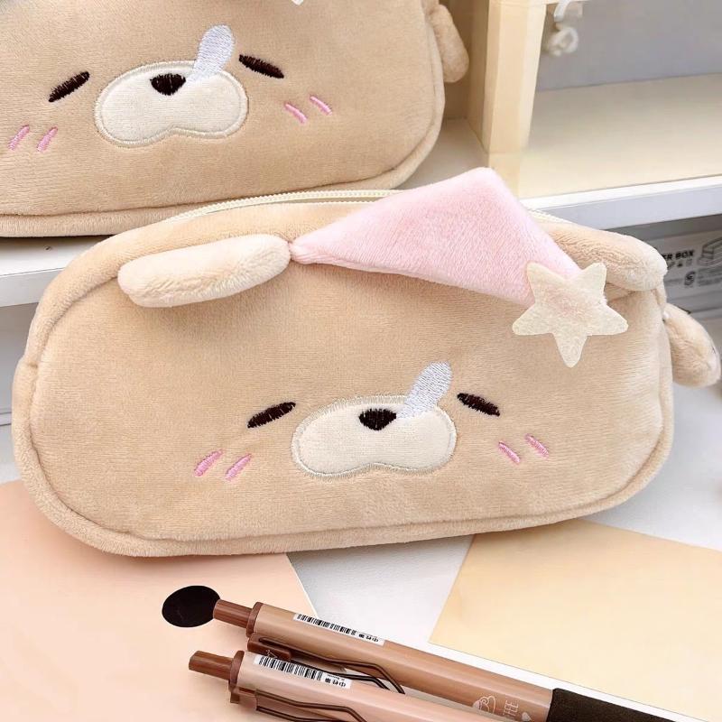 New Plush Little Bear Little Pig Pencil Case Cute Makeup Bag Large Capacity Portable Stationery Storage Pouch Zipper Pen Case
