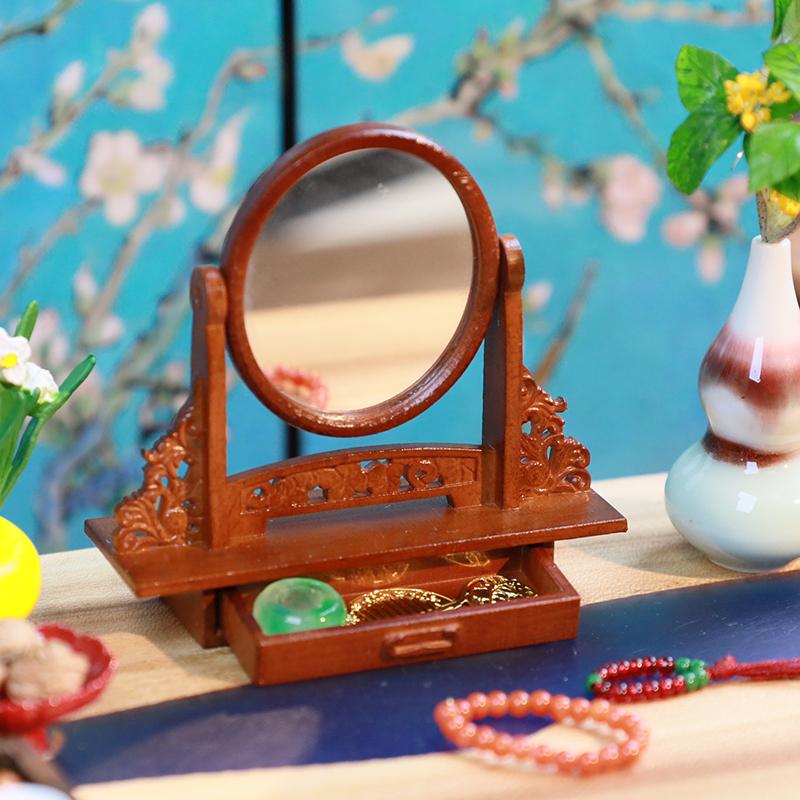1Set Dollhouse Miniature Wooden Vanity Table + Jewelry Set With Mirror Makeup Dressing Table For Bedroom