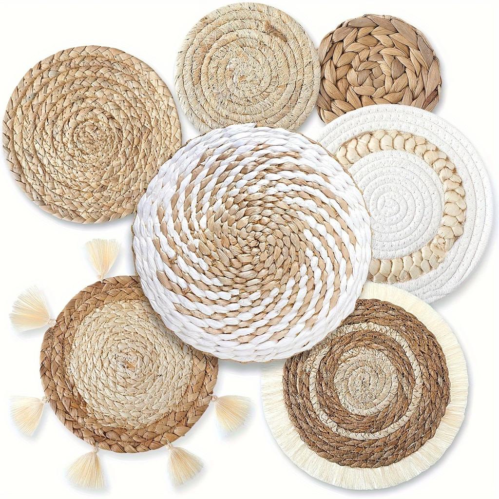 7pcs Decorative Wicker Wall Decor Round Hand Hanging Rustic Flat Wall Art for Farmhouse Living Room Bedroom Display Kitchen Home