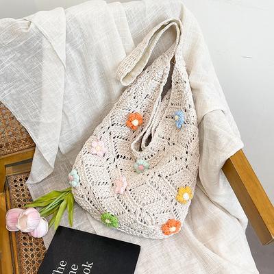Vakker blomstret hulvevd ensfarget totebag, ny stor kapasitet skulder underarmveske, lett og allsidig veske