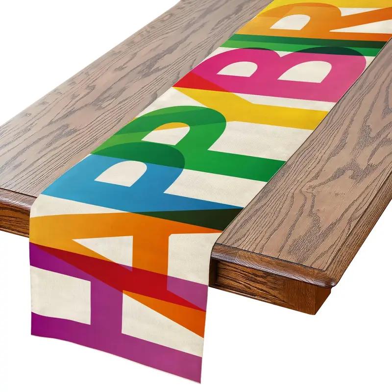 1 szt. Bieżnik na stół Happy Birthday - Kolorowy prostokątny materiał lniany, Tkana dekoracja stołu na imprezę rodzinną wewnątrz i na zewnątrz